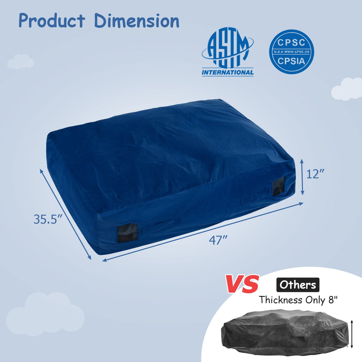 47 x 35.5 Inch Crash Pad Sensory Mat with Foam Blocks and Washable Cover-Blue