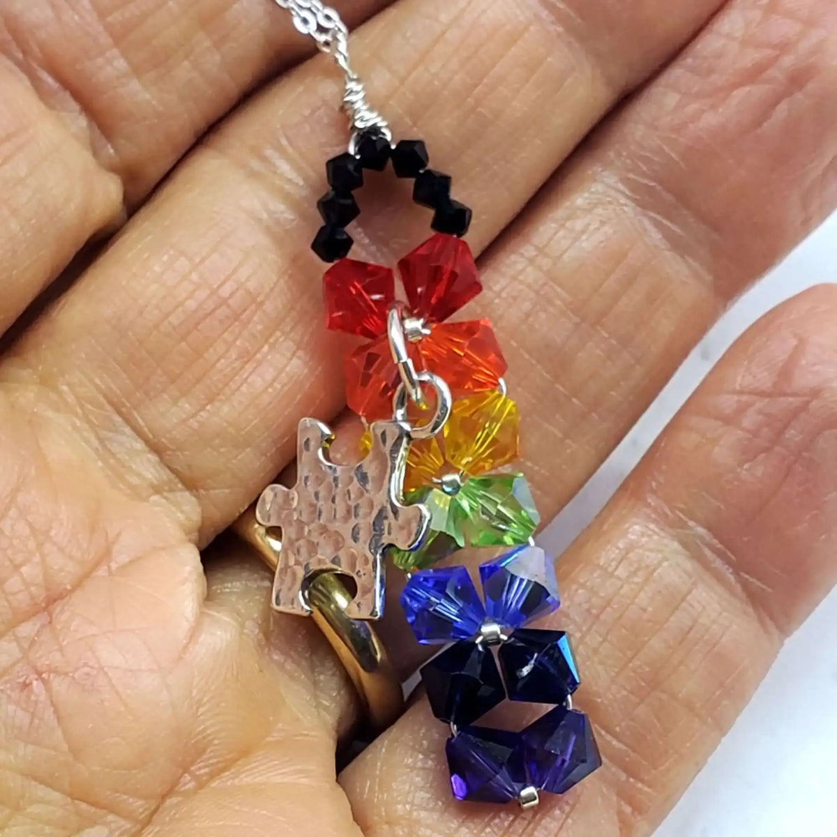 Wire Woven Rainbow Autism Puzzle Piece Bar Necklace-2026