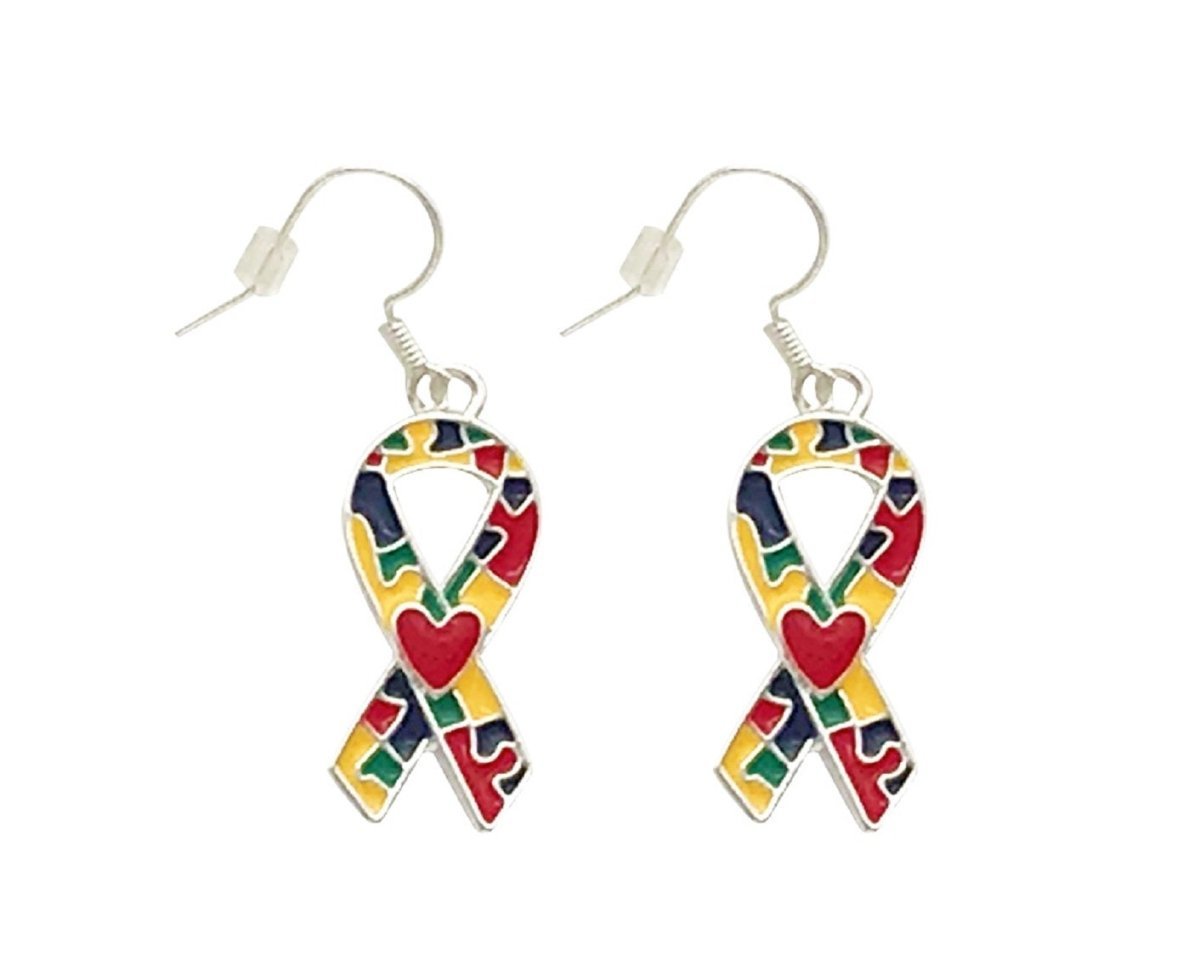 Autism Ribbon with Heart Design Hanging Earrings