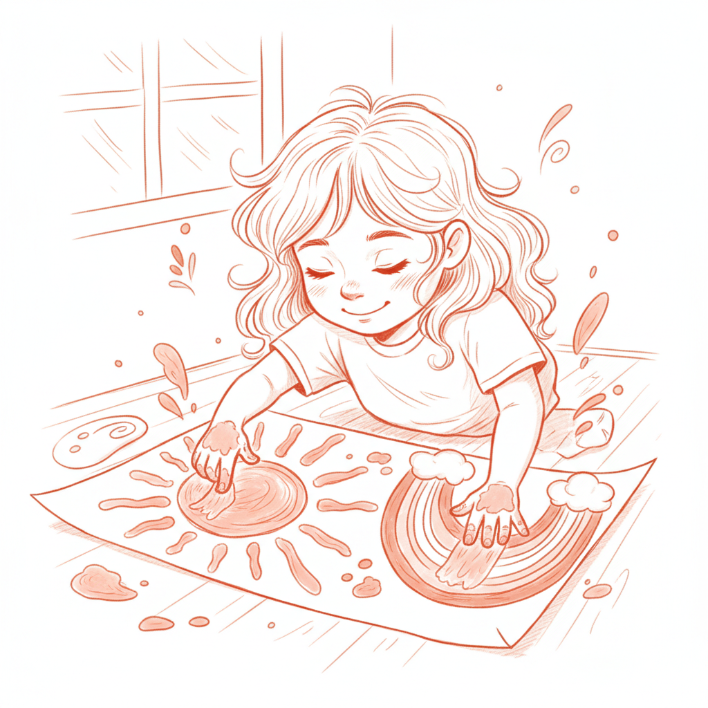 Autistic girl finger painting a sun and rainbow